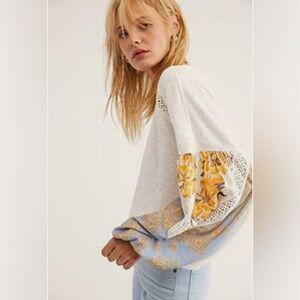 Free People Women's Casual Clash Balloon Sleeve Thermal Crocheted Top Ivory Sz M